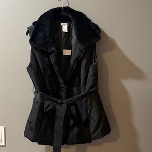 PATTY KIM Black Rabbit Fur Vest Body Warmer Hook Closure Large NWT Belted NEW